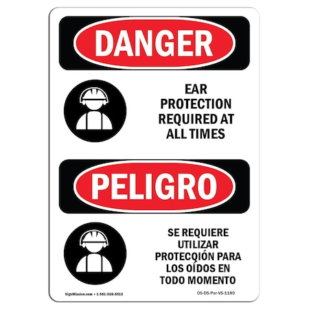 OSHA Danger Sign, Ear Protection Required Bilingual, 10in X 7in Decal